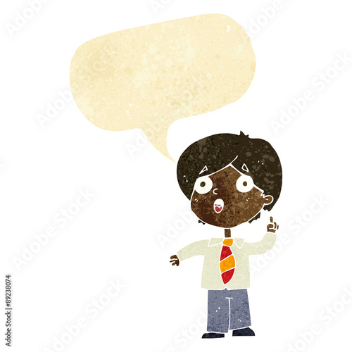 cartoon schoolboy answering question with speech bubble