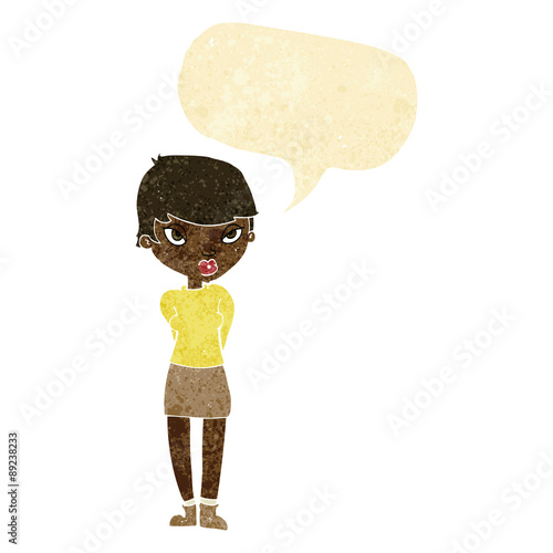 cartoon shy woman with speech bubble