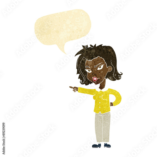 cartoon woman pointing with speech bubble