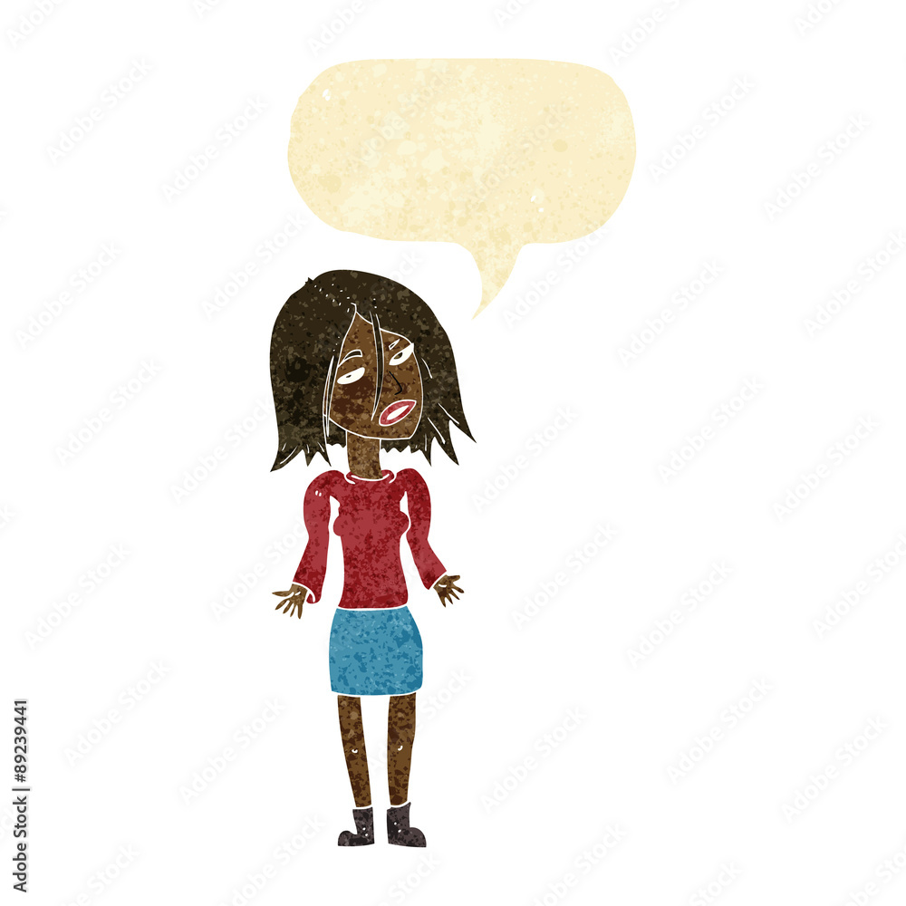 cartoon woman shrugging shoulders with speech bubble cartoon woman shrugging shoulders with speech bubble