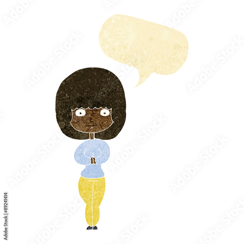 cartoon shy woman with speech bubble