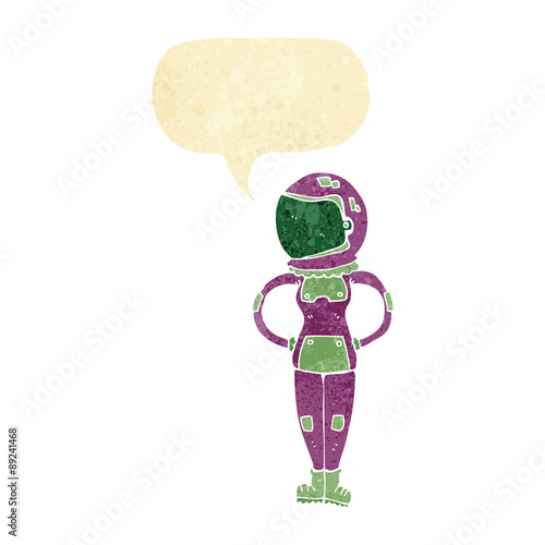 cartoon female astronaut with speech bubble