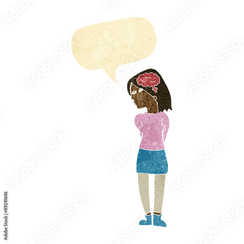 cartoon brainy woman with speech bubble