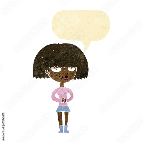 cartoon sly woman with speech bubble