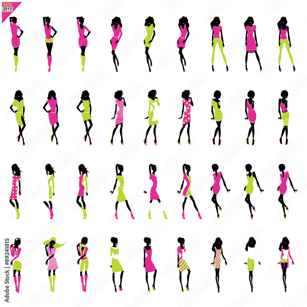 36 Fashion women template / croquis black silhouettes with cloths on top,totally editable,set,collection.