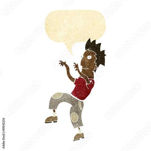 cartoon happy man doing funny dance with speech bubble