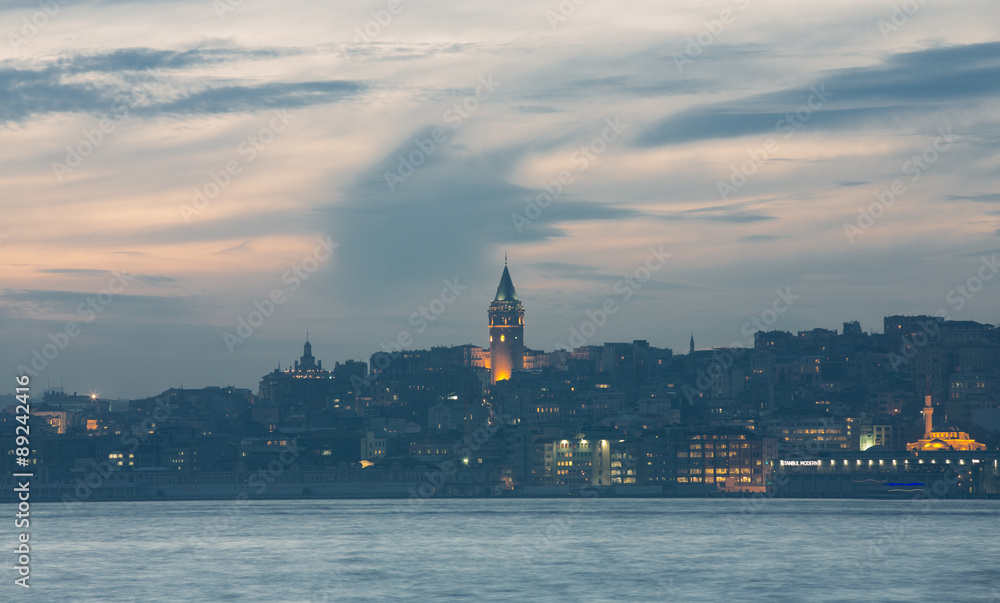 Silhouette of iconic Galata Tower in Istanbul Turkey