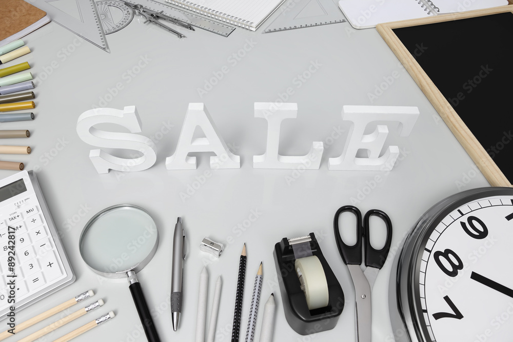 school concept, sale word on the desk with stationery school concept, sale word on the desk with stationery