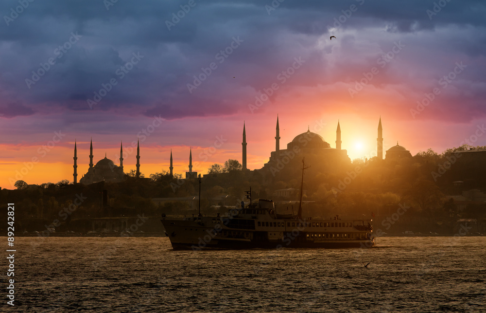 Iconic Istanbul Silhouette and the ship during sunset