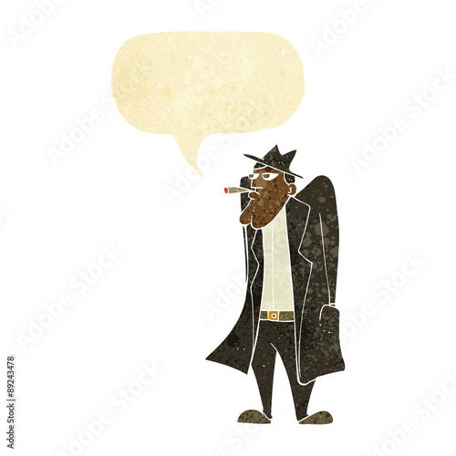 cartoon man in hat and trench coat with speech bubble