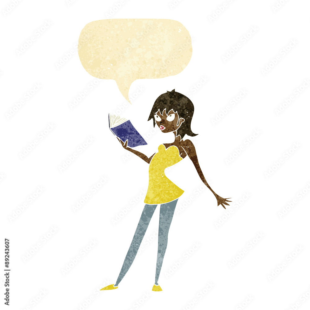 cartoon woman reading book with speech bubble cartoon woman reading book with speech bubble