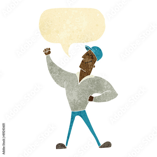 cartoon man striking heroic pose with speech bubble