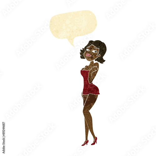 cartoon attractive woman in short dress with speech bubble