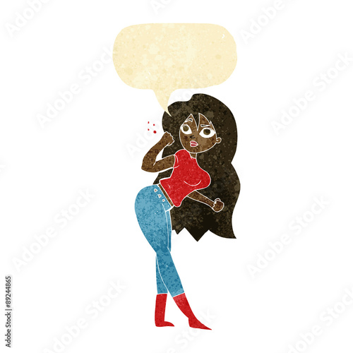 cartoon woman raising fist with speech bubble