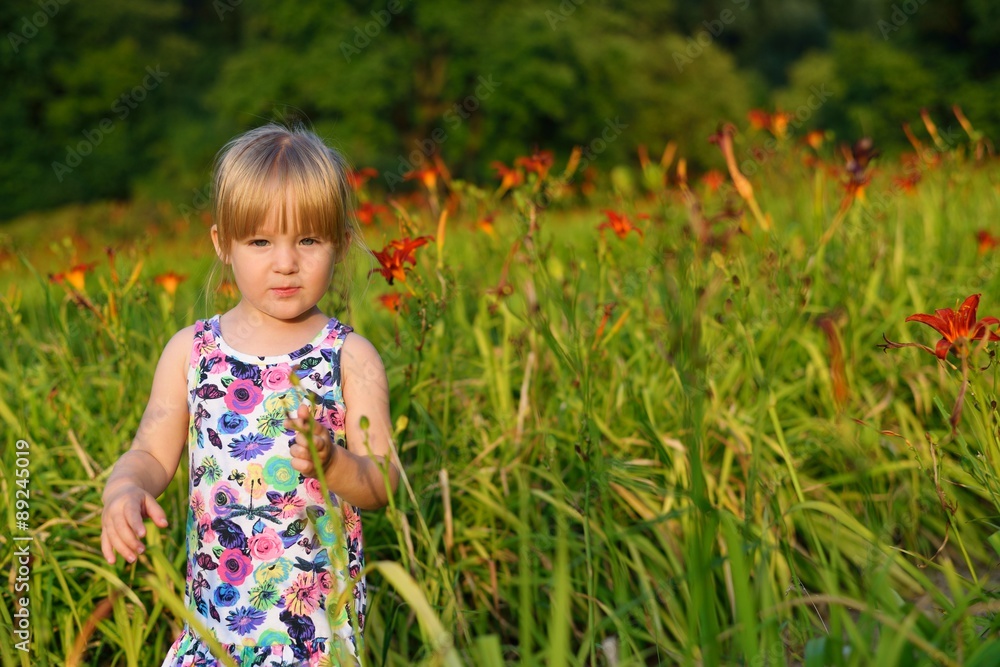Little girl on the meadow of flowers. Little girl on the meadow of flowers.