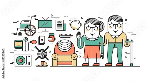 Thin line flat design concept of senior's lifestyle and healthcare