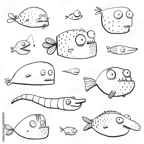 Black Outline Humor Cartoon Swimming Fish Characters Collection