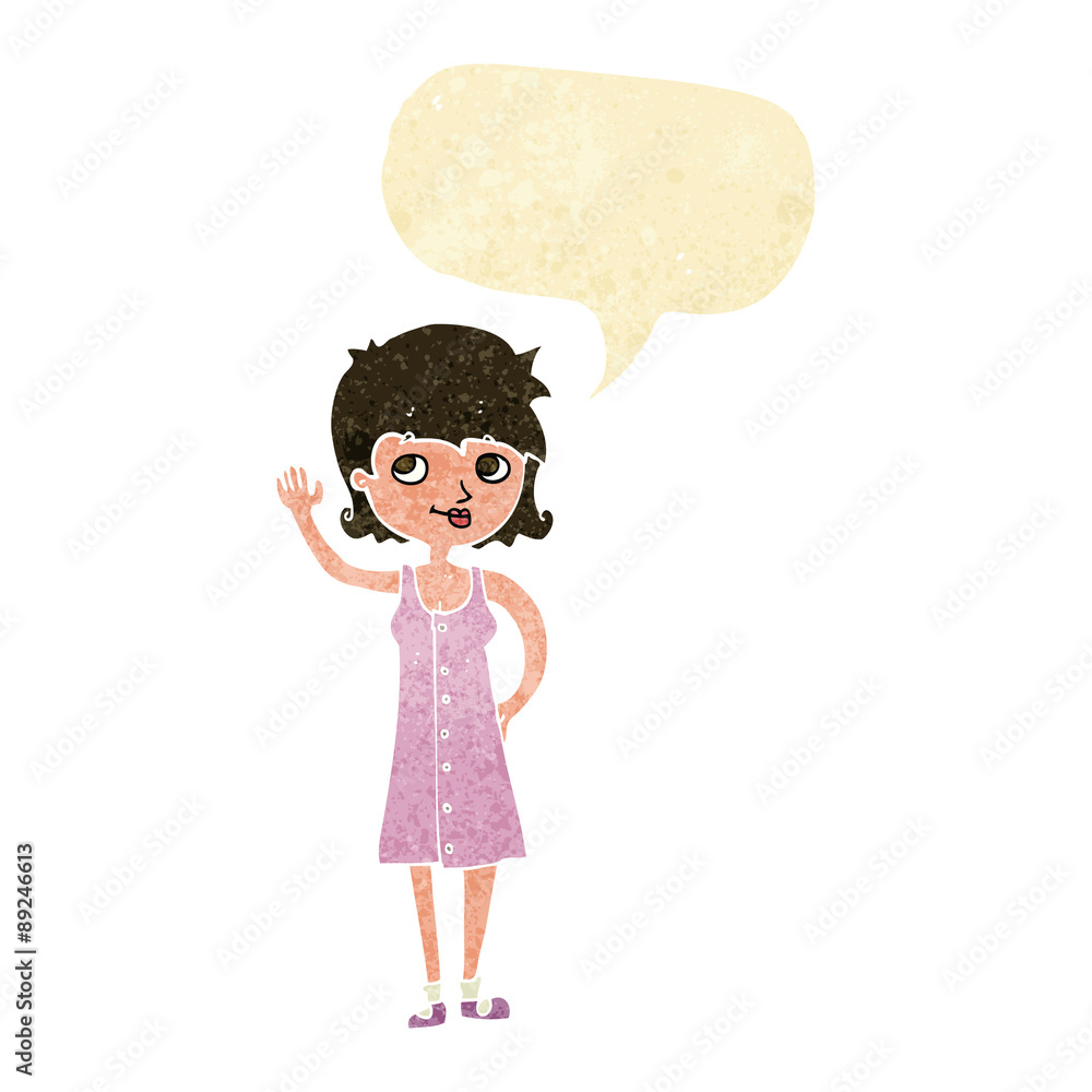 cartoon pretty woman waving with speech bubble cartoon pretty woman waving with speech bubble
