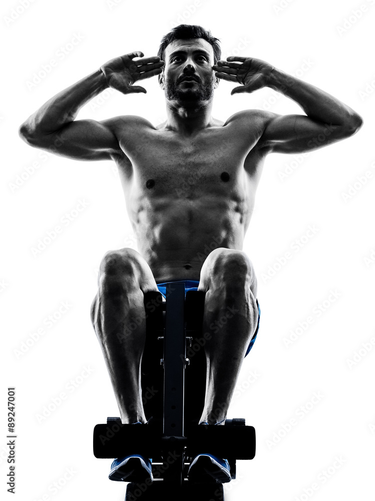 man exercising fitness crunches Bench Press exercises silhouette man exercising fitness crunches Bench Press exercises silhouette