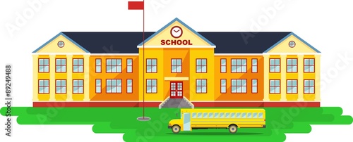 Panoramic background with school building and school bus in flat