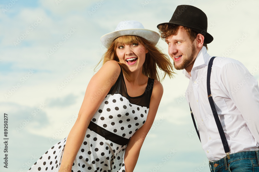 Loving couple retro style flirting outdoor