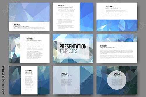 Set of 9 templates for presentation slides. Abstract blue