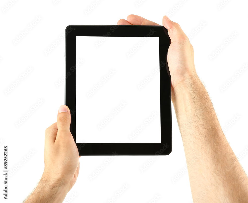 Male hands holding tablet isolated on white Male hands holding tablet isolated on white