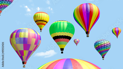 Several hot air balloon flying in the blue sky. 3d render.