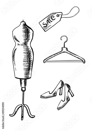 Shoes, label, hanger and mannequin  sketch
