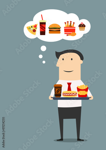 Businessman with tray of fast food