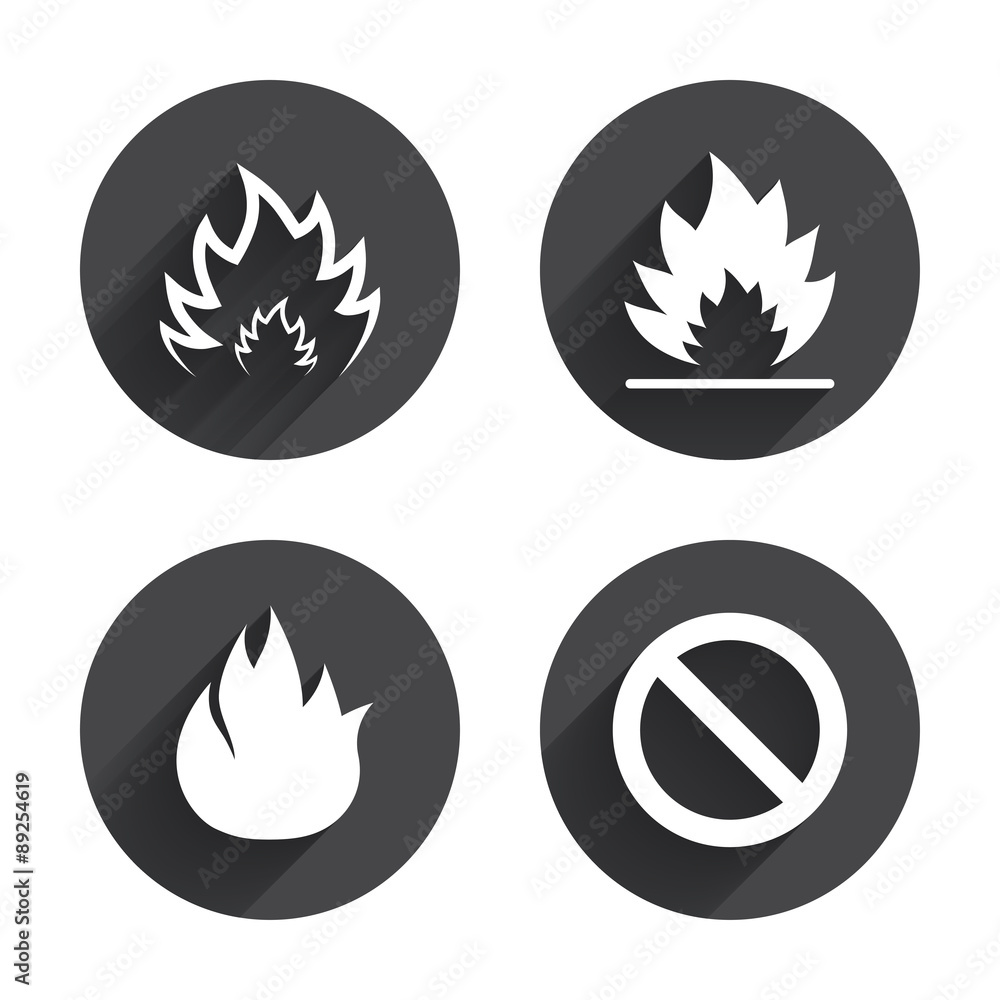 Fire flame icons. Prohibition stop symbol. Fire flame icons. Prohibition stop symbol.