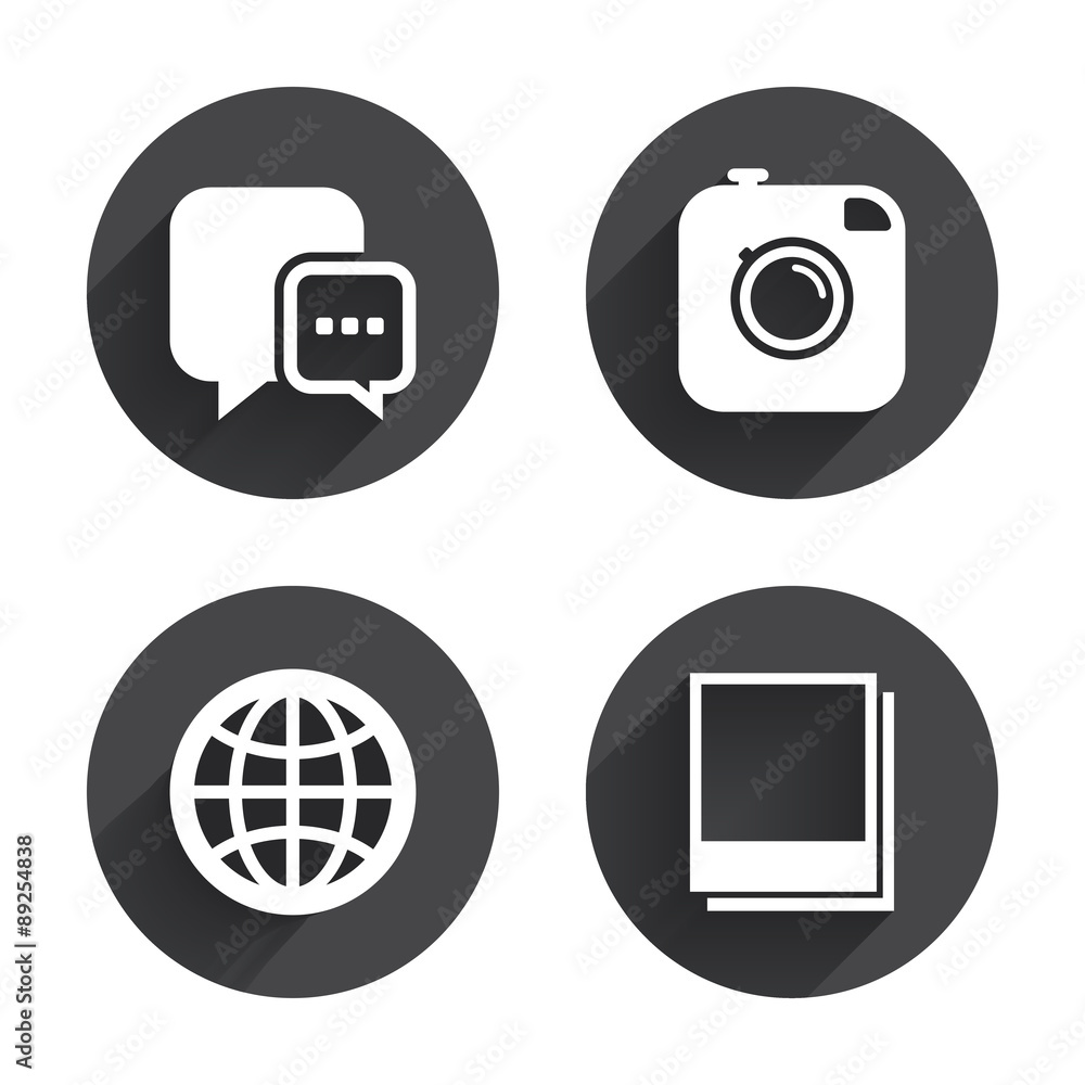 Social media icons. Chat speech bubble and Globe Social media icons. Chat speech bubble and Globe