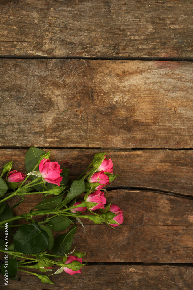 Beautiful small roses on wooden background