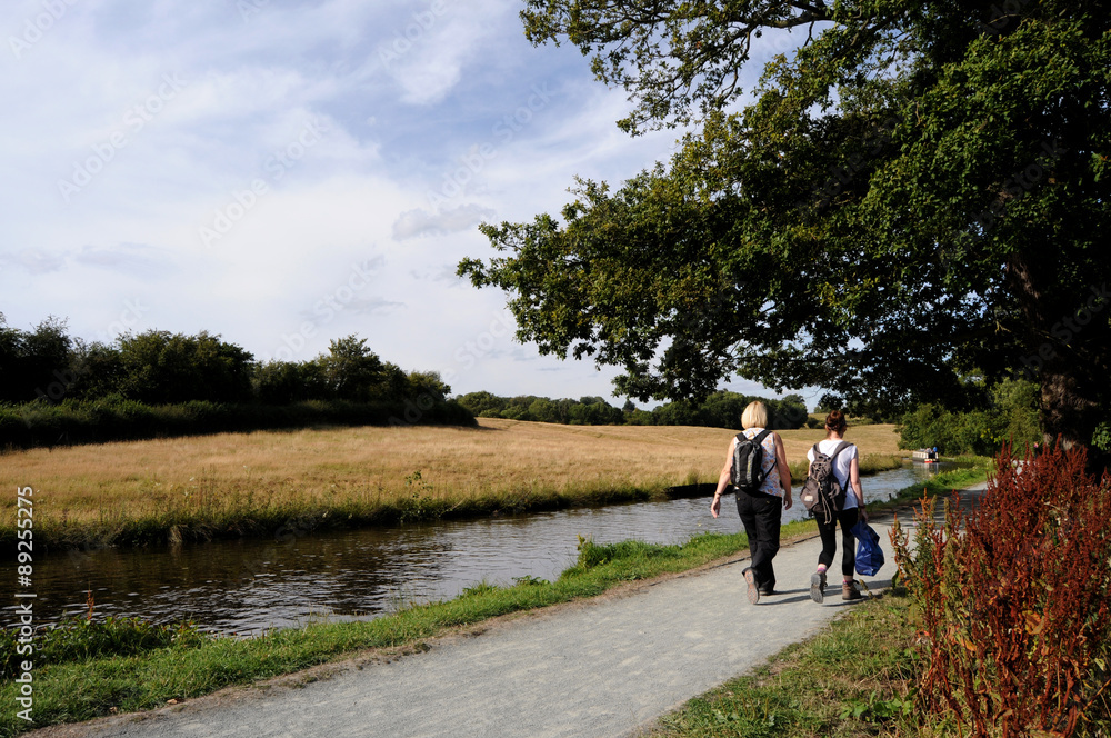 Naklejka premium Two People Walking Along The Llangollen Canal.