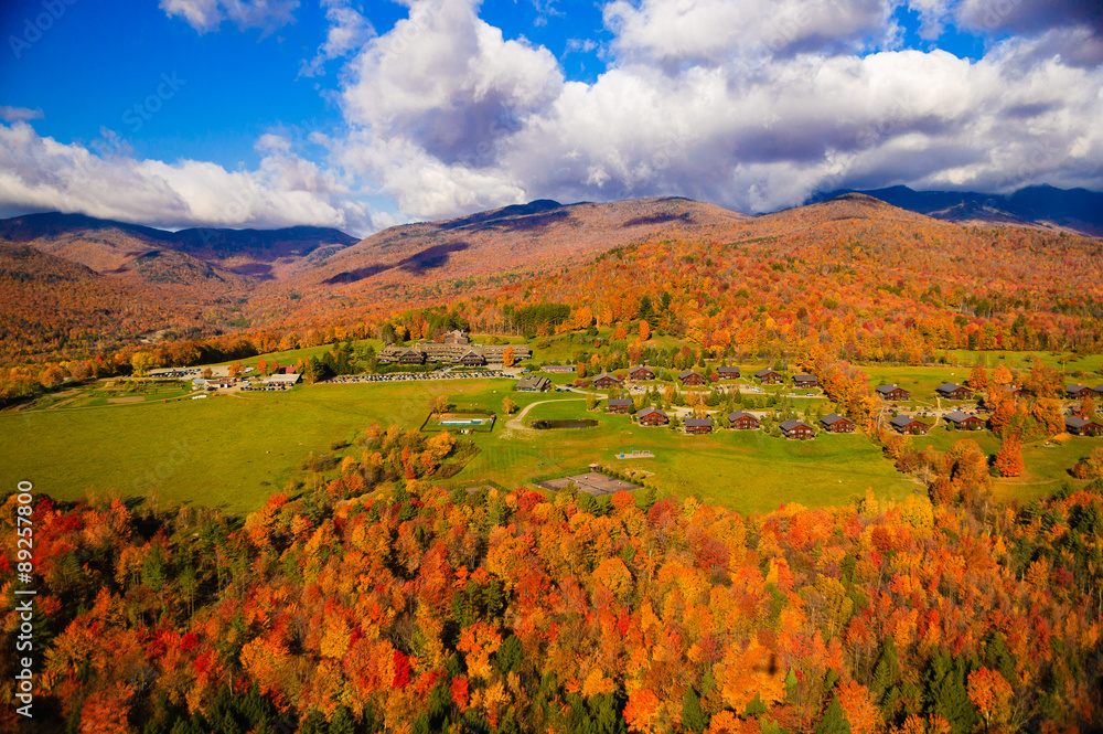 Aerial view of fall foliage in Stowe, Vermont