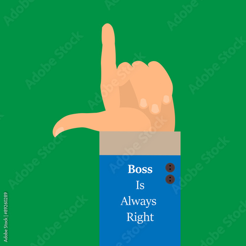 the background is a hand with a raised index finger-style flat. Boss is Always right