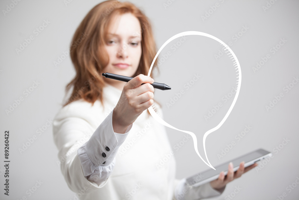 woman writes in a painted speech cloud woman writes in a painted speech cloud