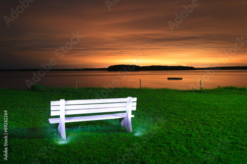 Light painted bench at sunset.