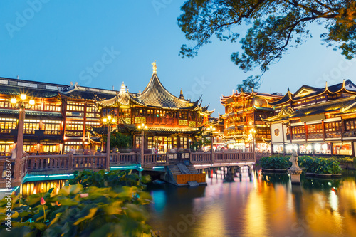 Chinese traditional yuyuan Garden building scenery in the evening,Shanghai