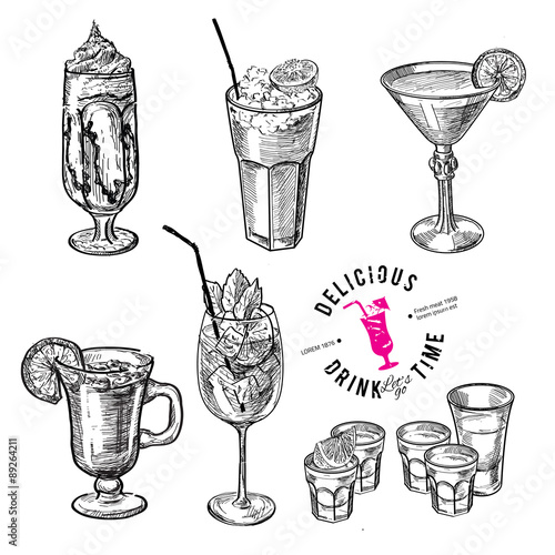 Hand drawn sketch set of alcoholic cocktails. 