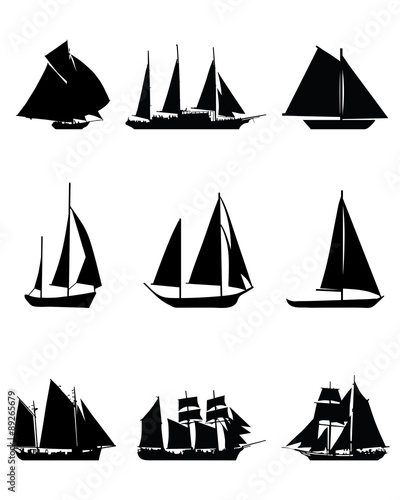 Black silhouettes of sailing boats, vector