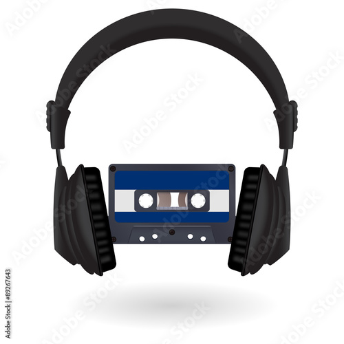 Headphones and audio tape cassette.