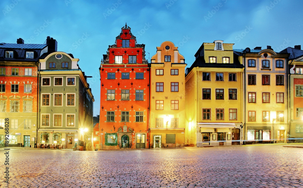 Old houses on Stortorget square at night. Stockholm, Sweden Old houses on Stortorget square at night. Stockholm, Sweden