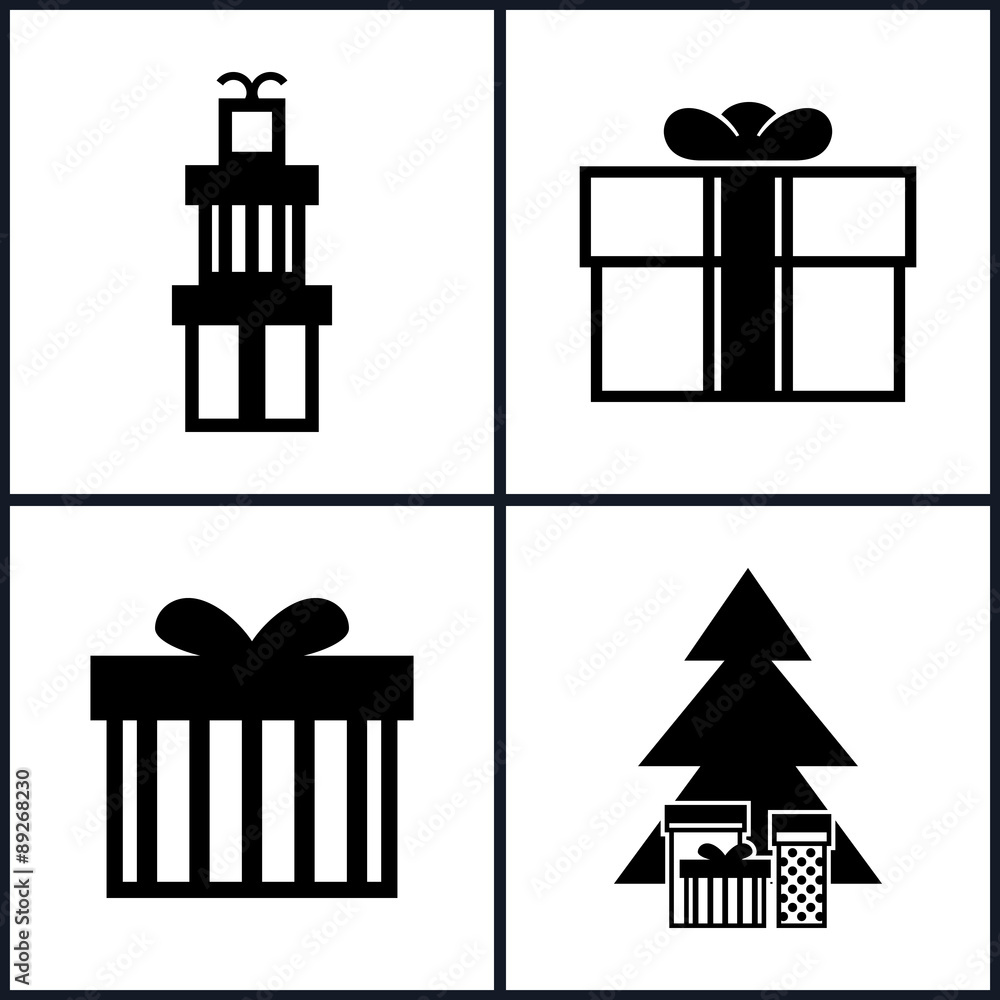 Set of Holiday Icons , Isolated, Various Gift Boxes , Christmas Tree with Gift Boxes , Black and White Vector Illustration Set of Holiday Icons , Isolated, Various Gift Boxes , Christmas Tree with Gift Boxes , Black and White Vector Illustration