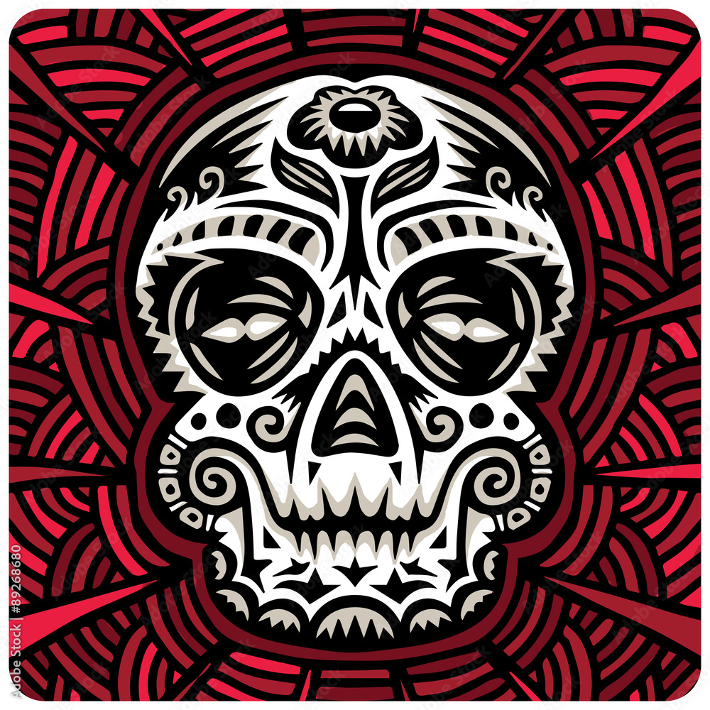 Vector sugar skull on red ornate background Vector sugar skull on red ornate background