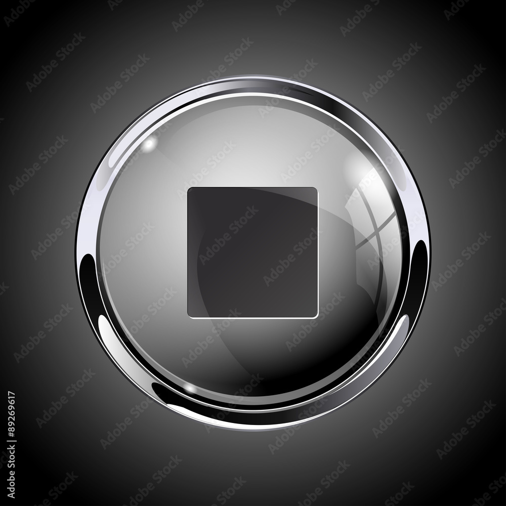 Glass round button. Shiny Grey web icon STOP with metallic frame. Glass round button. Shiny Grey web icon STOP with metallic frame.