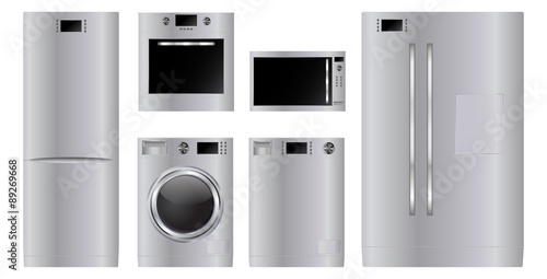 Home appliances. Set of household kitchen technologies, Microwave and electric Oven, Dishwasher, refrigerator, washing machine.