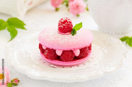 French makarons cake with raspberries.