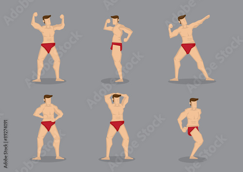 Set of Six Muscular Body Builders Vector Cartoon Illustration