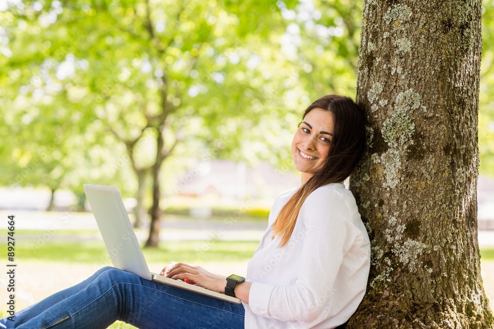 Beautiful brunette using laptop in the park Beautiful brunette using laptop in the park